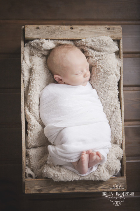 baby in a barnwood box, rustic and natural posed newborn photography in Ellensburg WA by Hailey Haberman