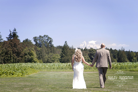 Nisqually Springs Farm Country Wedding photo of bride and groom with gorgeous Mt Rainier