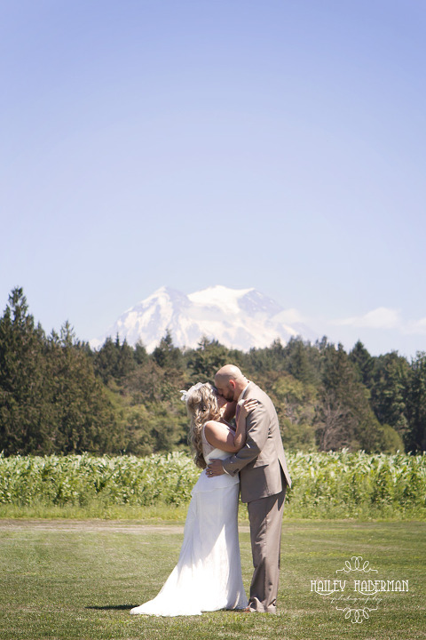 Nisqually Springs Farm Country Wedding photo of bride and groom with gorgeous Mt Rainier behind them