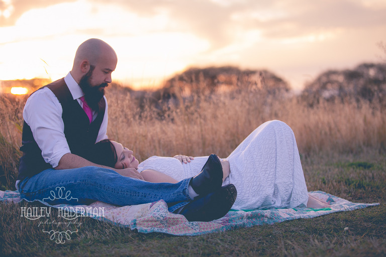 Fall Maternity Matt & Amy  Ellensburg Photographer photo of couple on vintage blanket in field