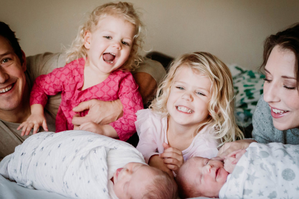 family with twins at home- lifestyle newborn photography by Hailey Haberman in Ellensburg WA